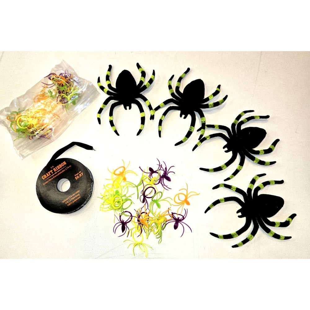 Halloween Spider Decor with 4 Plastic‎ Spiders, Spider Rings and Web Ribbon